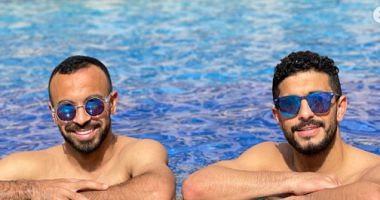 Ayman Ashraf Logistics in a swimming pool after winning Sun Downs