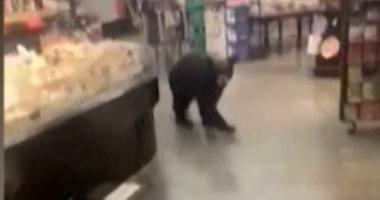 The bear walking around in a supermarket in search of food amid dawn shoppers